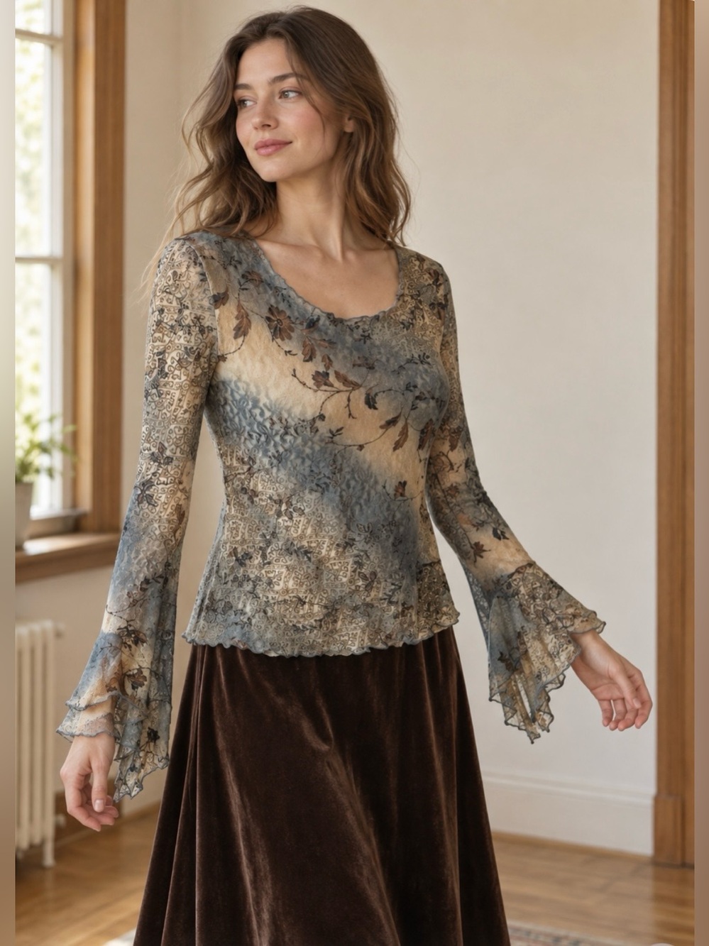 Vintage Floral Lace Blouse • Blue Grey & Brown • Bohemian Bell Sleeves